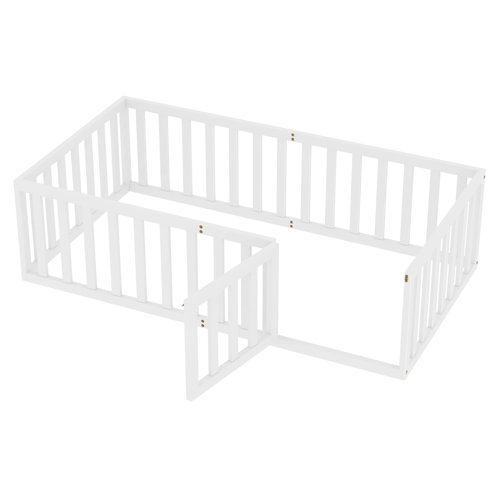 Harriet Bee Twin Size Wood Floor Bed Frame With Fence And Door, White